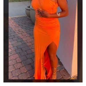 orange one-shoulder slit dress